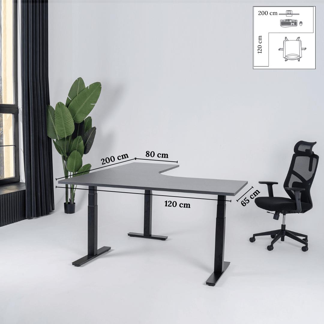 Elektriski augstumā regulējams galds Prestige Line L forma 200 cm x 120 cm – Antracīts / Melna / Kreisais
