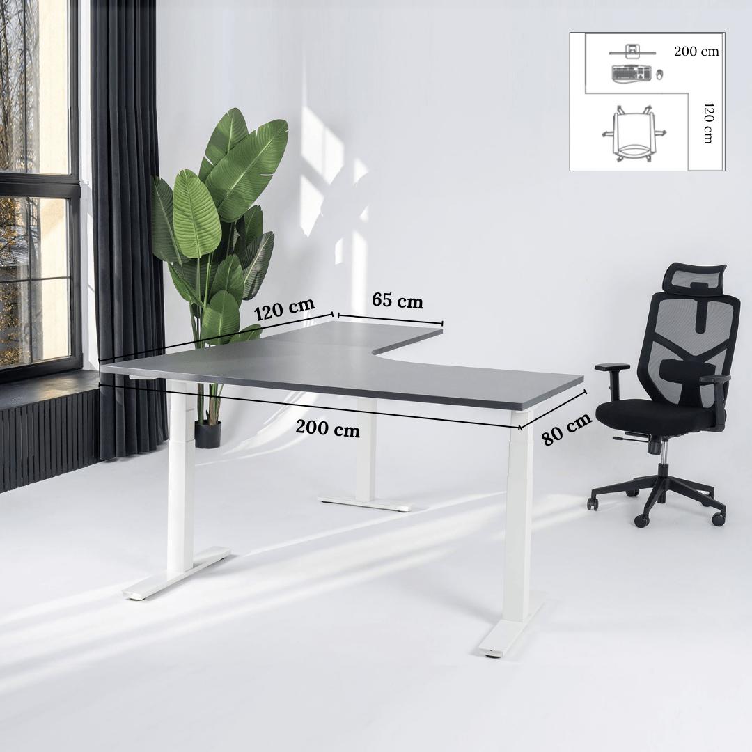 Elektriski augstumā regulējams galds Prestige Line L forma 200 cm x 120 cm – Antracīts / Balta / Labais