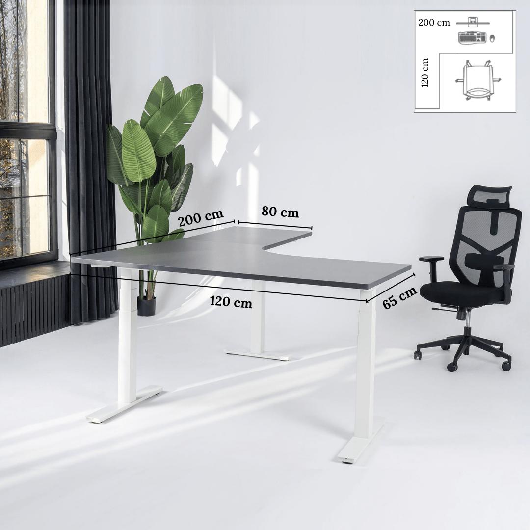 Elektriski augstumā regulējams galds Prestige Line L forma 200 cm x 120 cm – Antracīts / Balta / Kreisais