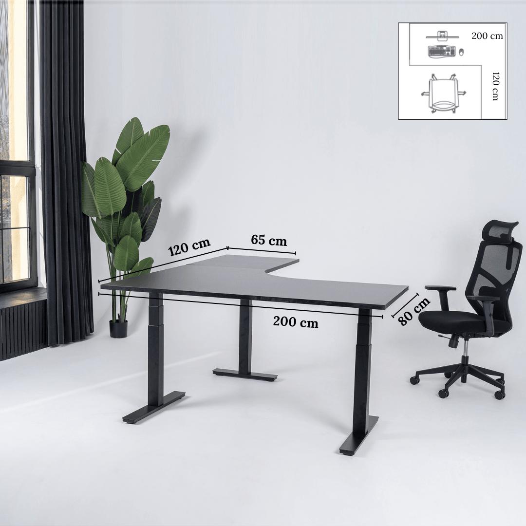 Elektriski augstumā regulējams galds Prestige Line L forma 200 cm x 120 cm – Melna / Melna / Labais