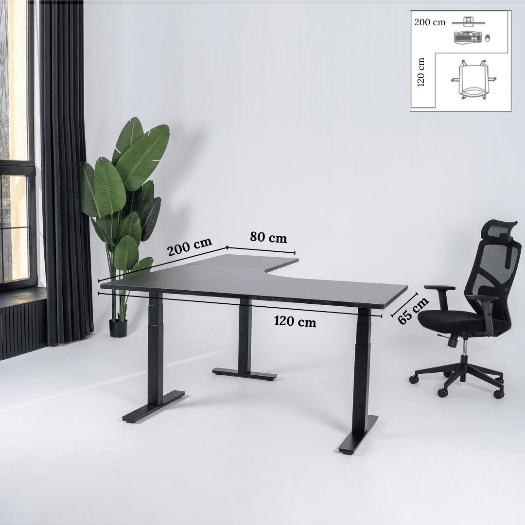 Elektriski augstumā regulējams galds Prestige Line L forma 200 cm x 120 cm – Melna / Melna / Kreisais