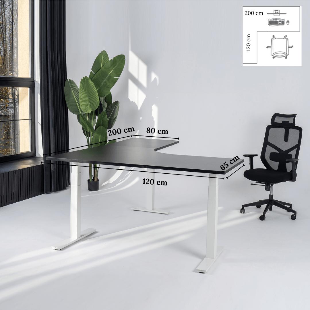 Elektriski augstumā regulējams galds Prestige Line L forma 200 cm x 120 cm – Melna / Balta / Kreisais