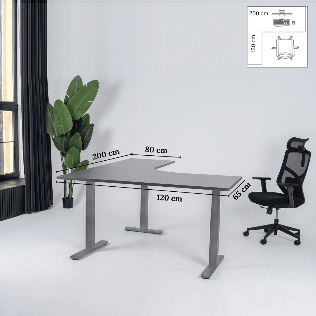 Elektriski augstumā regulējams galds Prestige Line L forma 200 cm x 120 cm-Melna-Sudraba-Kreisais-Ergostock