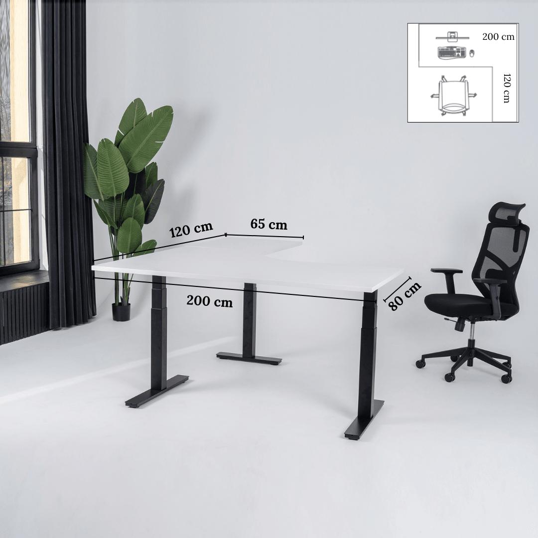 Elektriski augstumā regulējams galds Prestige Line L forma 200 cm x 120 cm – Balta / Melna / Labais
