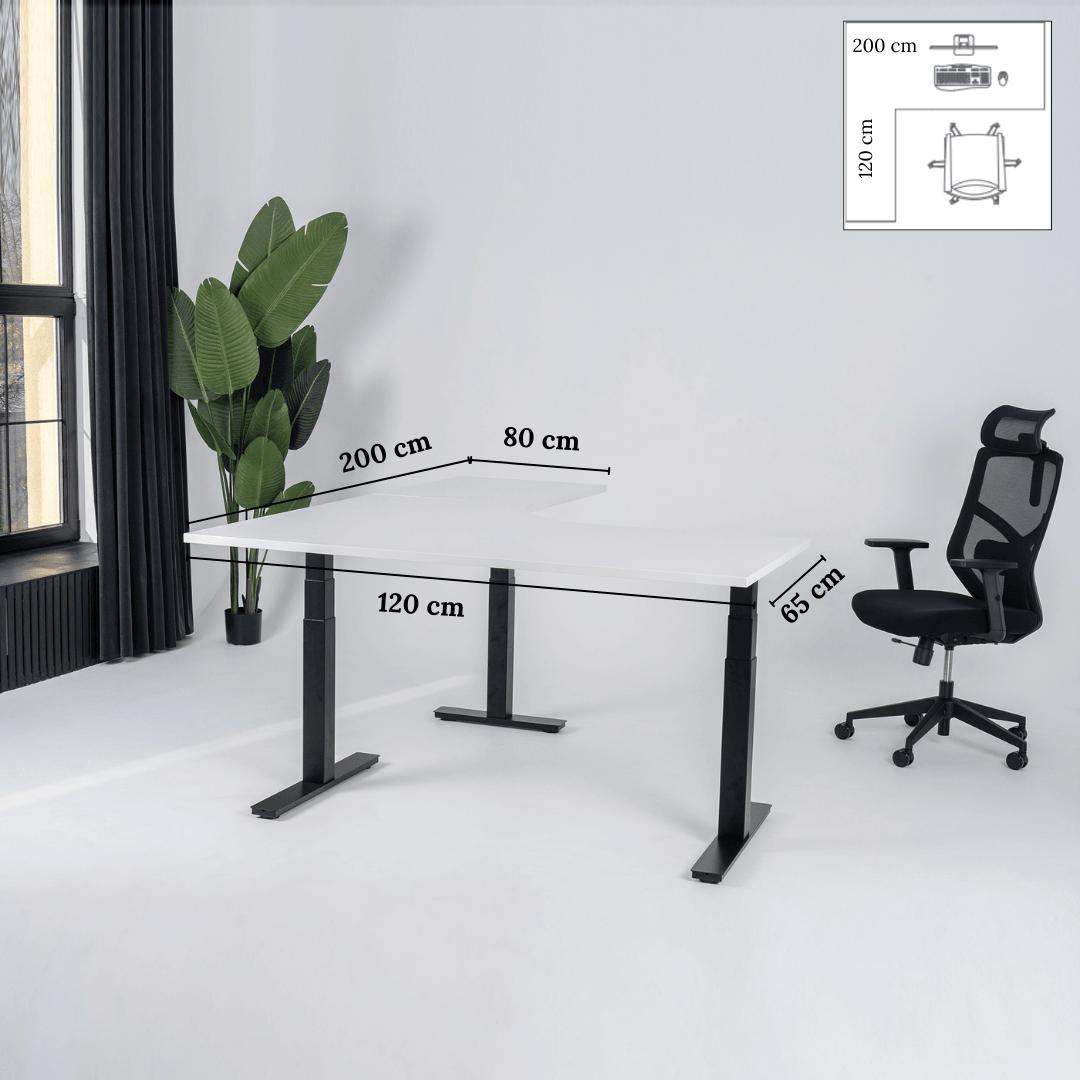 Elektriski augstumā regulējams galds Prestige Line L forma 200 cm x 120 cm – Balta / Melna / Kreisais