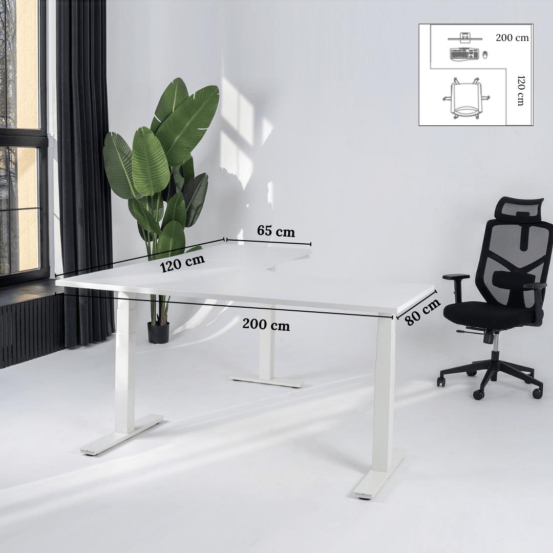 Elektriski augstumā regulējams galds Prestige Line L forma 200 cm x 120 cm – Balta / Balta / Labais