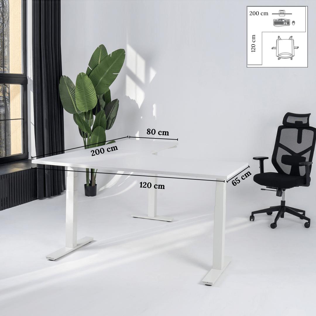 Elektriski augstumā regulējams galds Prestige Line L forma 200 cm x 120 cm – Balta / Balta / Kreisais