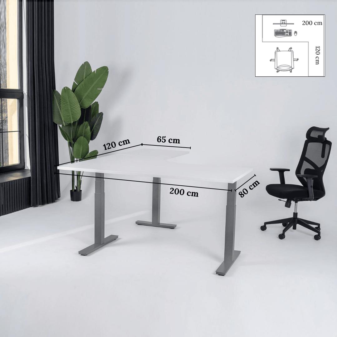 Elektriski augstumā regulējams galds Prestige Line L forma 200 cm x 120 cm – Balta / Sudraba / Labais