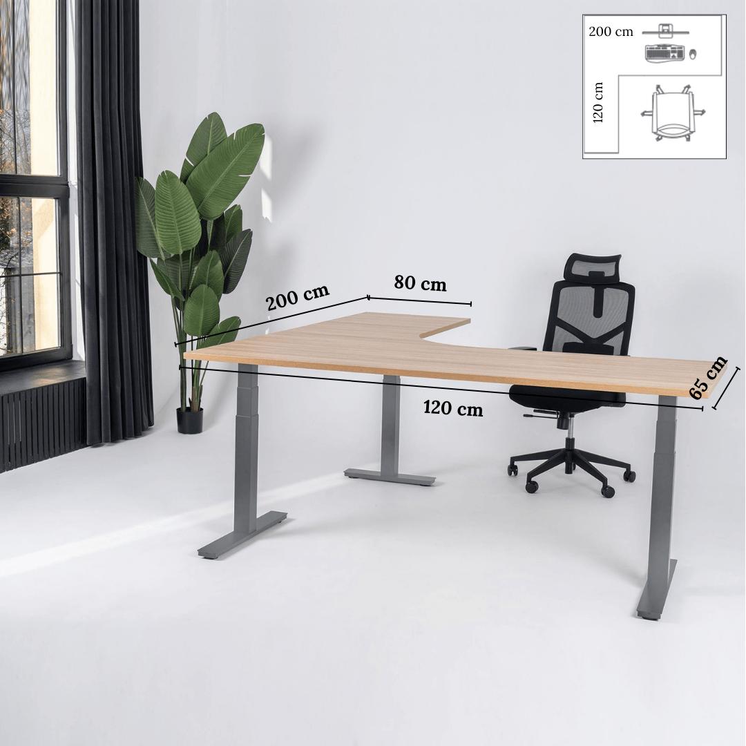 Elektriski augstumā regulējams galds Prestige Line L forma 200 cm x 120 cm-American oak-Sudraba-Kreisais-Ergostock