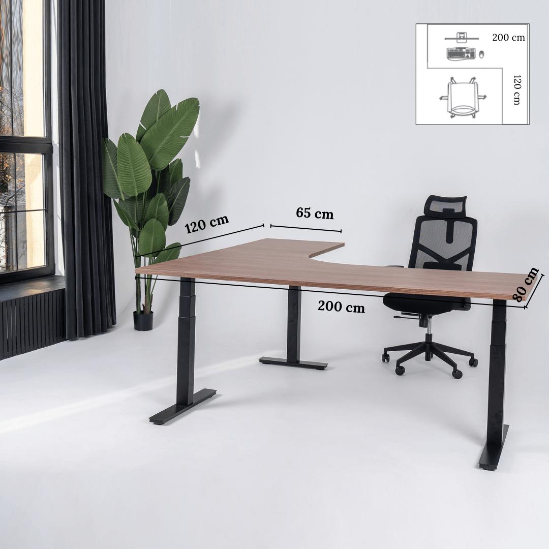 Elektriski augstumā regulējams galds Prestige Line L forma 200 cm x 120 cm-Riekstkoks-Melna-Labais-Ergostock