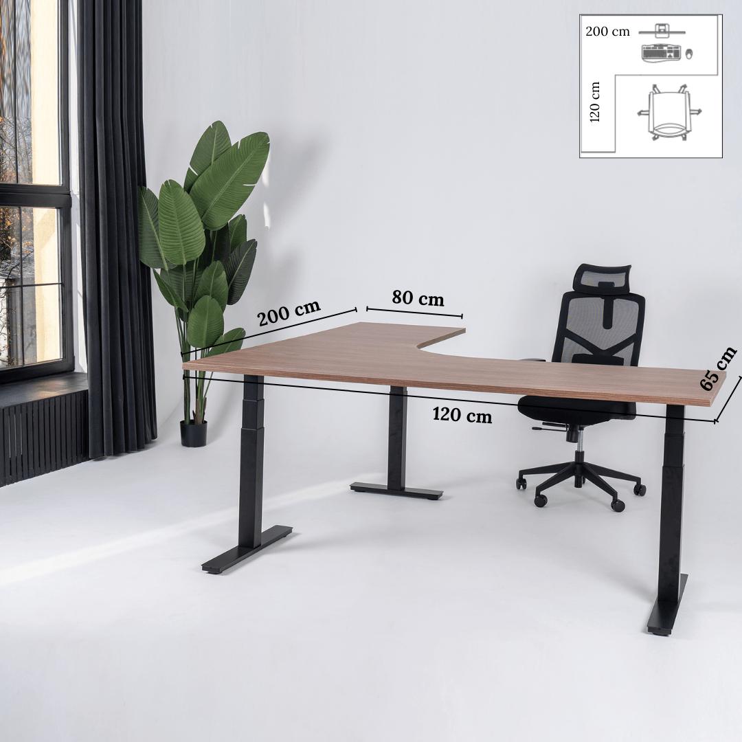 Elektriski augstumā regulējams galds Prestige Line L forma 200 cm x 120 cm-Riekstkoks-Melna-Kreisais-Ergostock