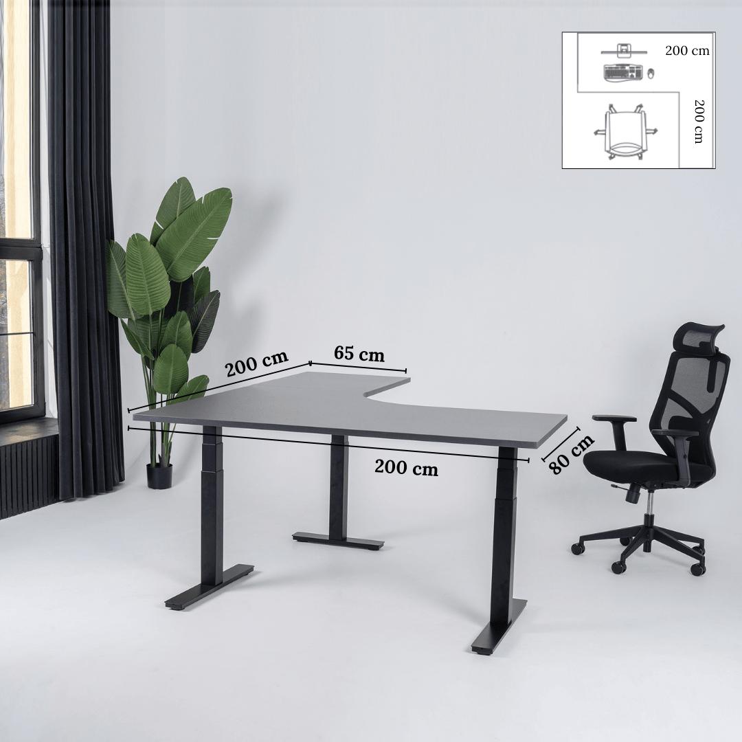 Elektriski augstumā regulējams galds Prestige Line L forma 200 cm x 200 cm – Antracīts / Melna / Labais