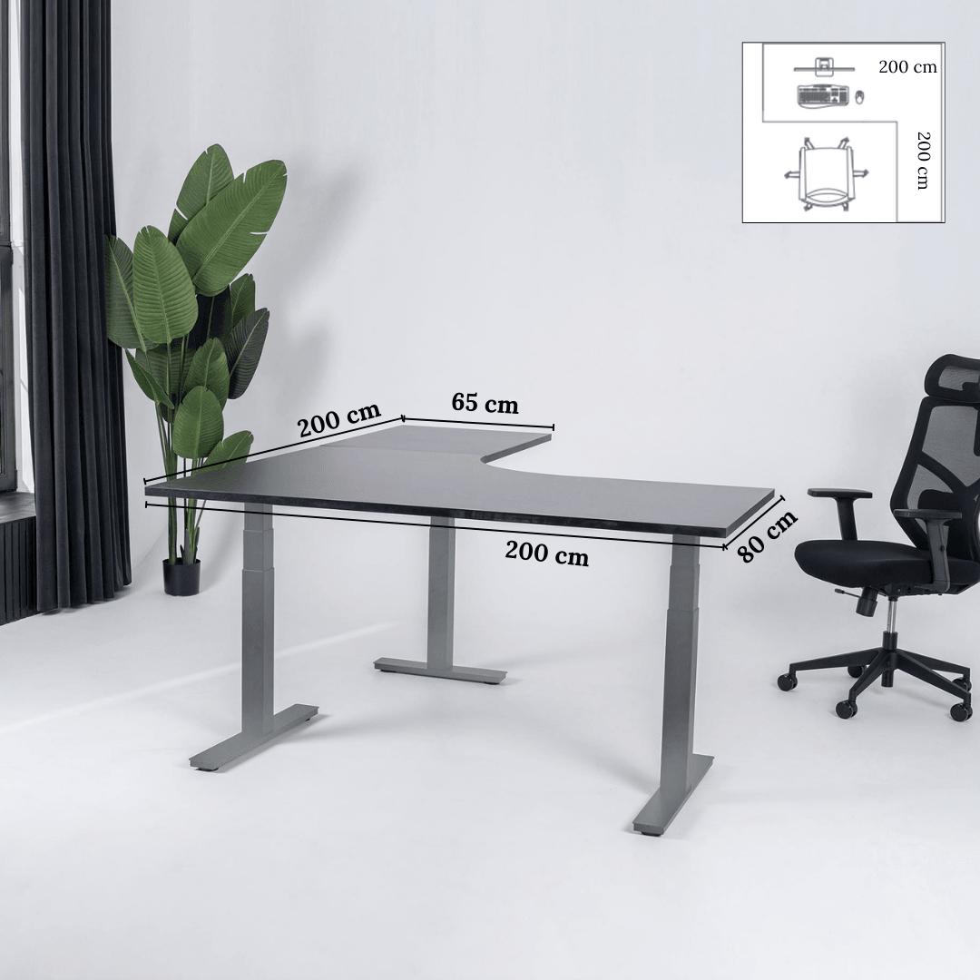 Elektriski augstumā regulējams galds Prestige Line L forma 200 cm x 200 cm – Melna / Pelēka / Labais