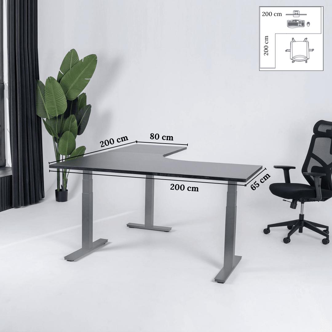 Elektriski augstumā regulējams galds Prestige Line L forma 200 cm x 200 cm-Melna-Pelēka-Kreisais-Ergostock