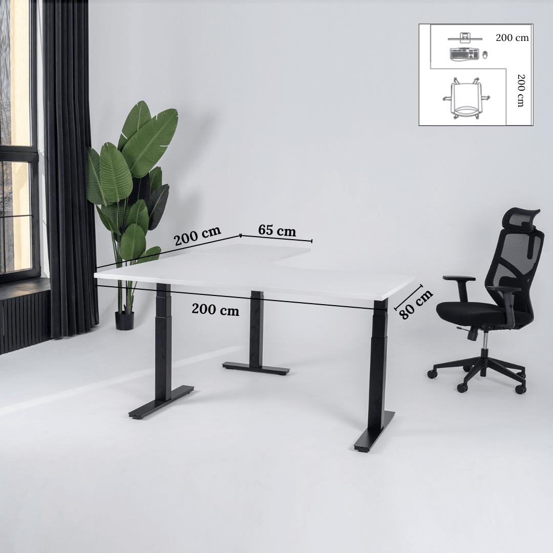 Elektriski augstumā regulējams galds Prestige Line L forma 200 cm x 200 cm-Balta-Melna-Labais-Ergostock