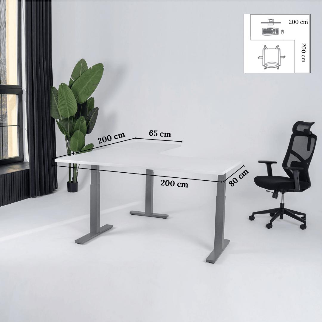 Elektriski augstumā regulējams galds Prestige Line L forma 200 cm x 200 cm – Balta / Pelēka / Labais