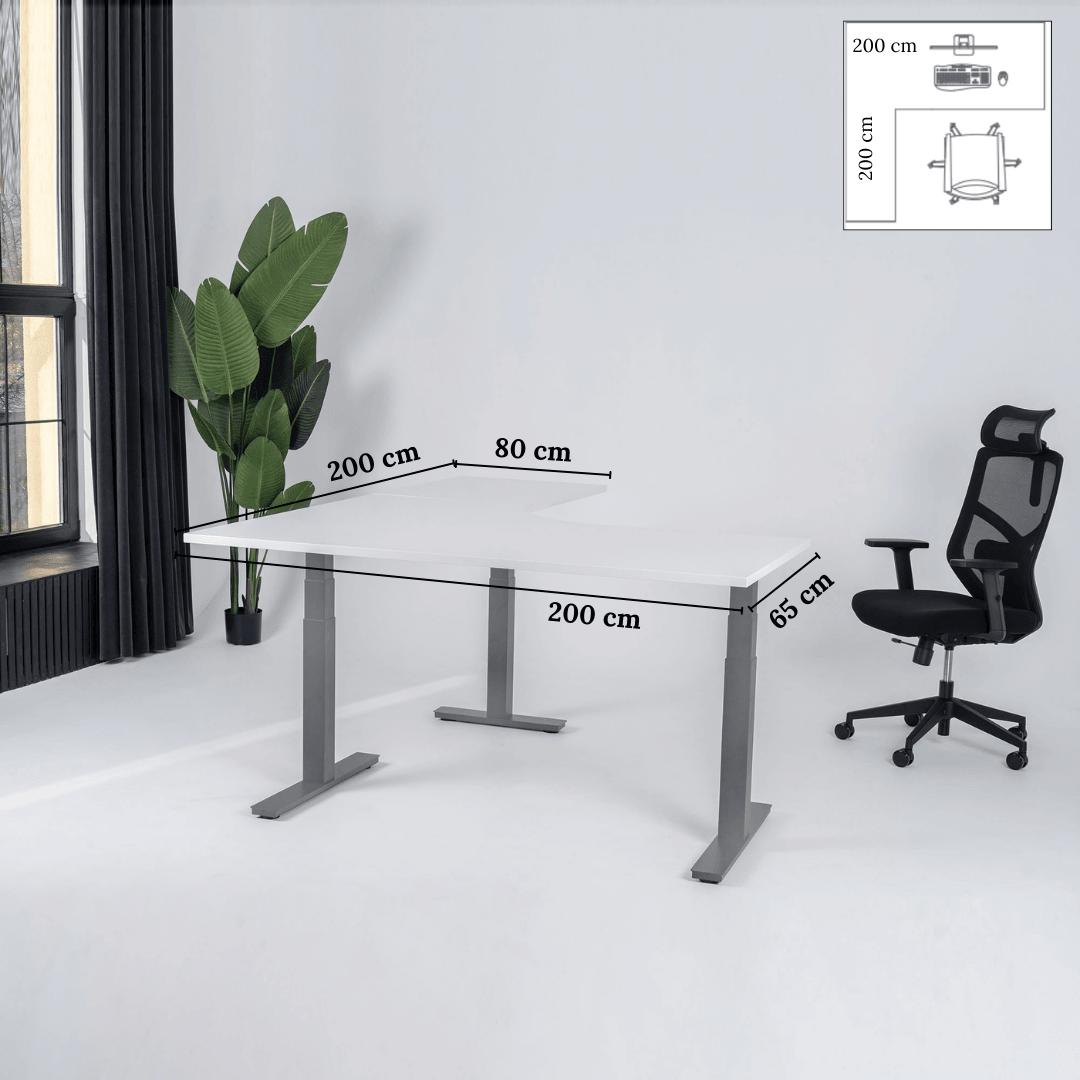 Elektriski augstumā regulējams galds Prestige Line L forma 200 cm x 200 cm – Balta / Pelēka / Kreisais