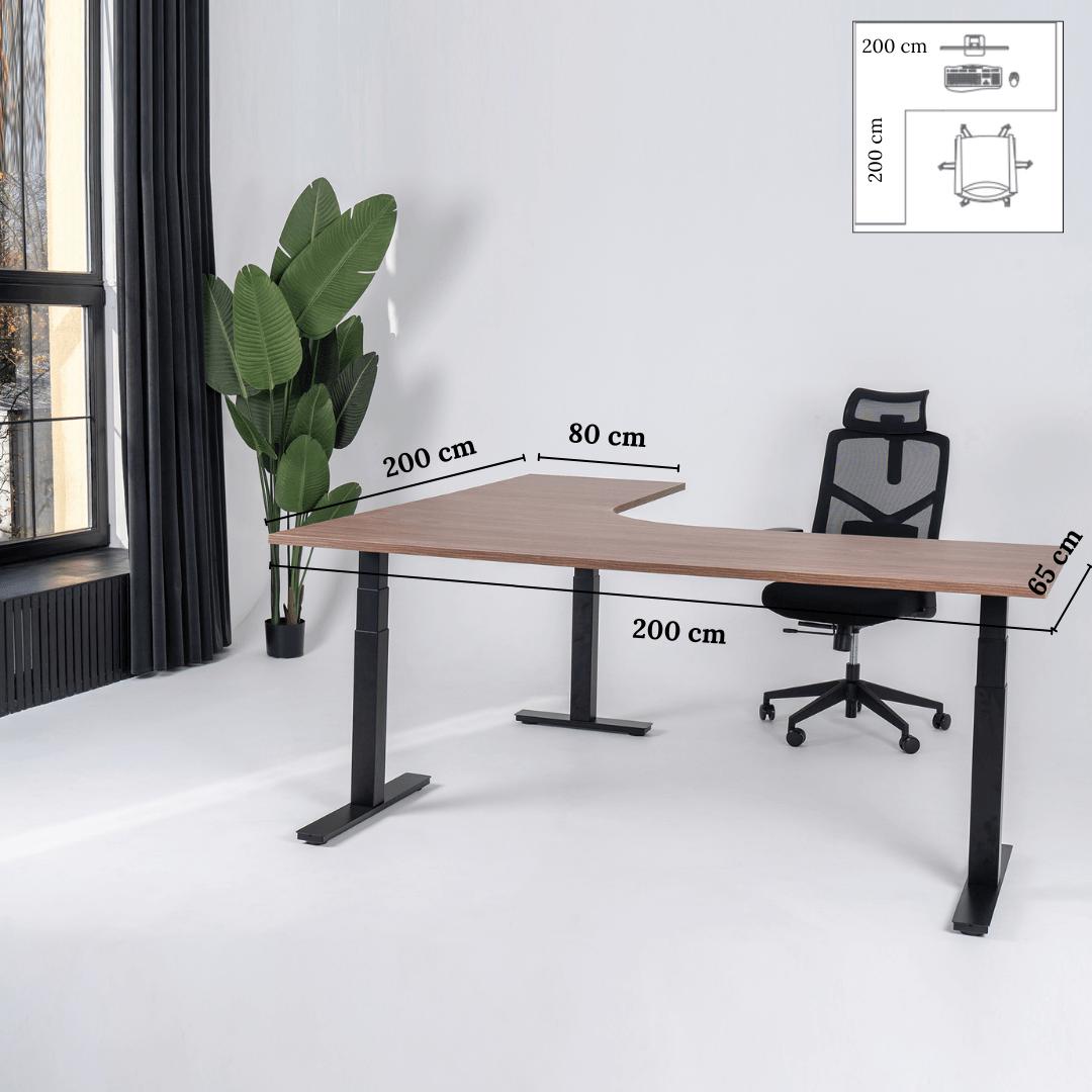 Elektriski augstumā regulējams galds Prestige Line L forma 200 cm x 200 cm-Riekstkoks-Melna-Kreisais-Ergostock