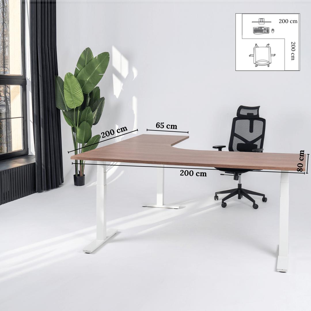 Elektriski augstumā regulējams galds Prestige Line L forma 200 cm x 200 cm – Riekstkoks / Balta / Labais