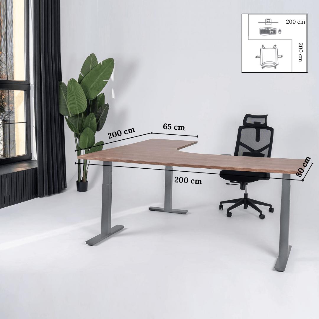 Elektriski augstumā regulējams galds Prestige Line L forma 200 cm x 200 cm – Riekstkoks / Pelēka / Labais