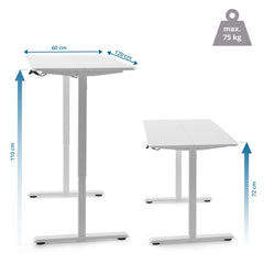 Elektriski augstumā regulējams rakstāmgalds WORKMATE, 120 x 60 cm, balts
