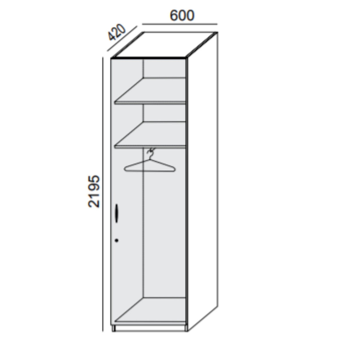 Garderobes skapis PRO LINE, apģērbu stanga un 2 plaukti, 2195x600x420 mm, pamatnes rāmis, konfigurējams