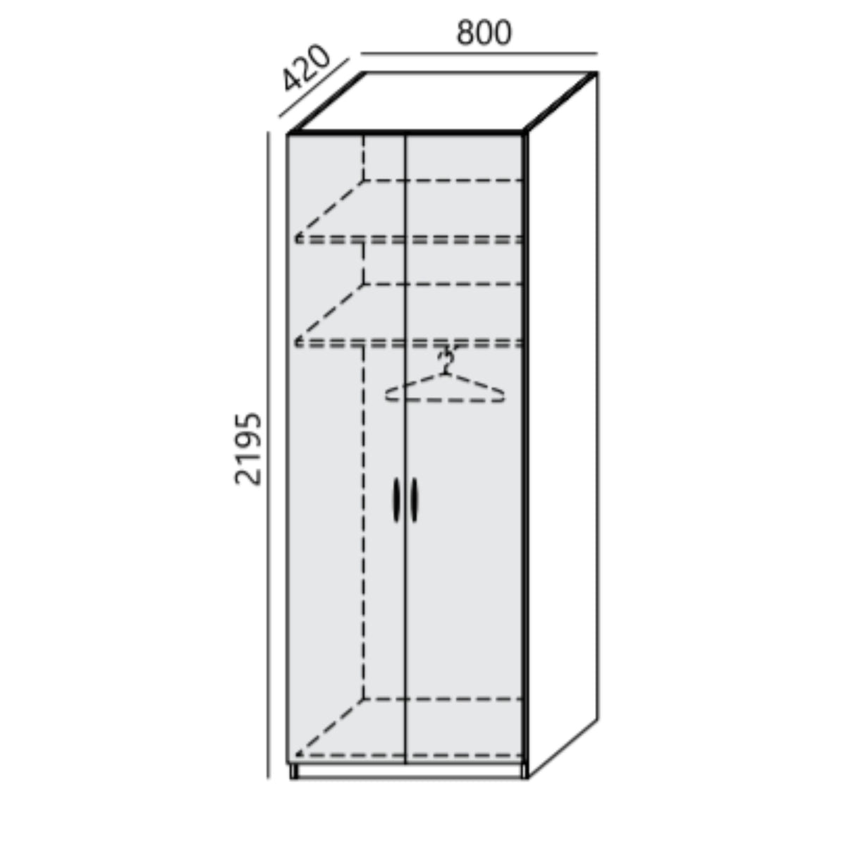 Garderobes skapis PRO LINE, apģērbu stanga un 2 plaukti, 2195x800x420 mm, pamatnes rāmis, konfigurējams