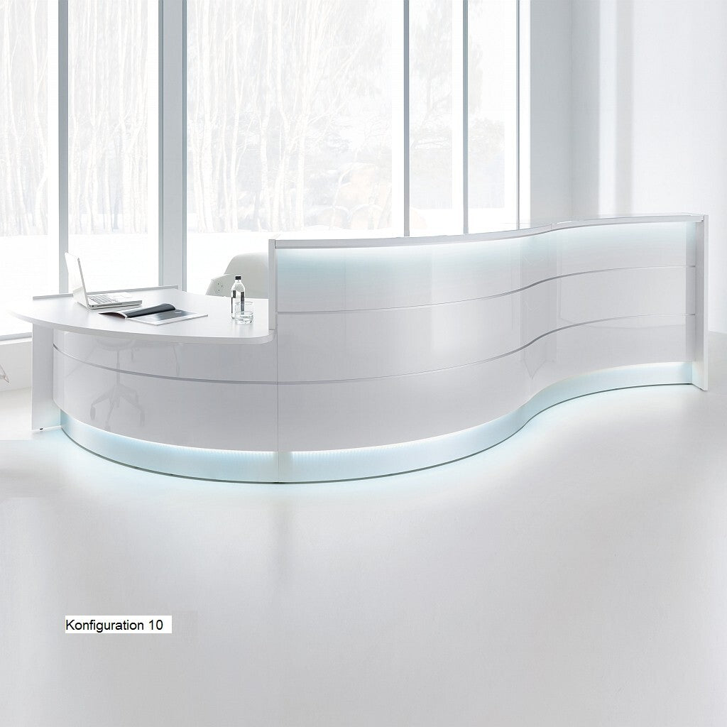 Recepcijas lete VALDE CURVED LOW MODULE IX, 439 x 164 cm, konfigurējama