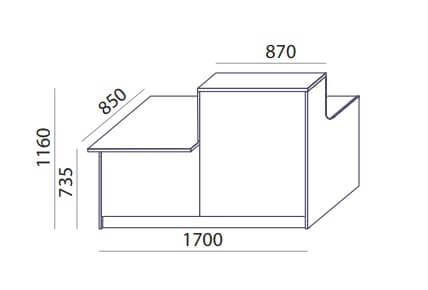 Recepcijas galds Flexx 120, izmēri 170 cm (PL) x 116 cm (A) x 85 cm (Dz) - Ergostock.lv