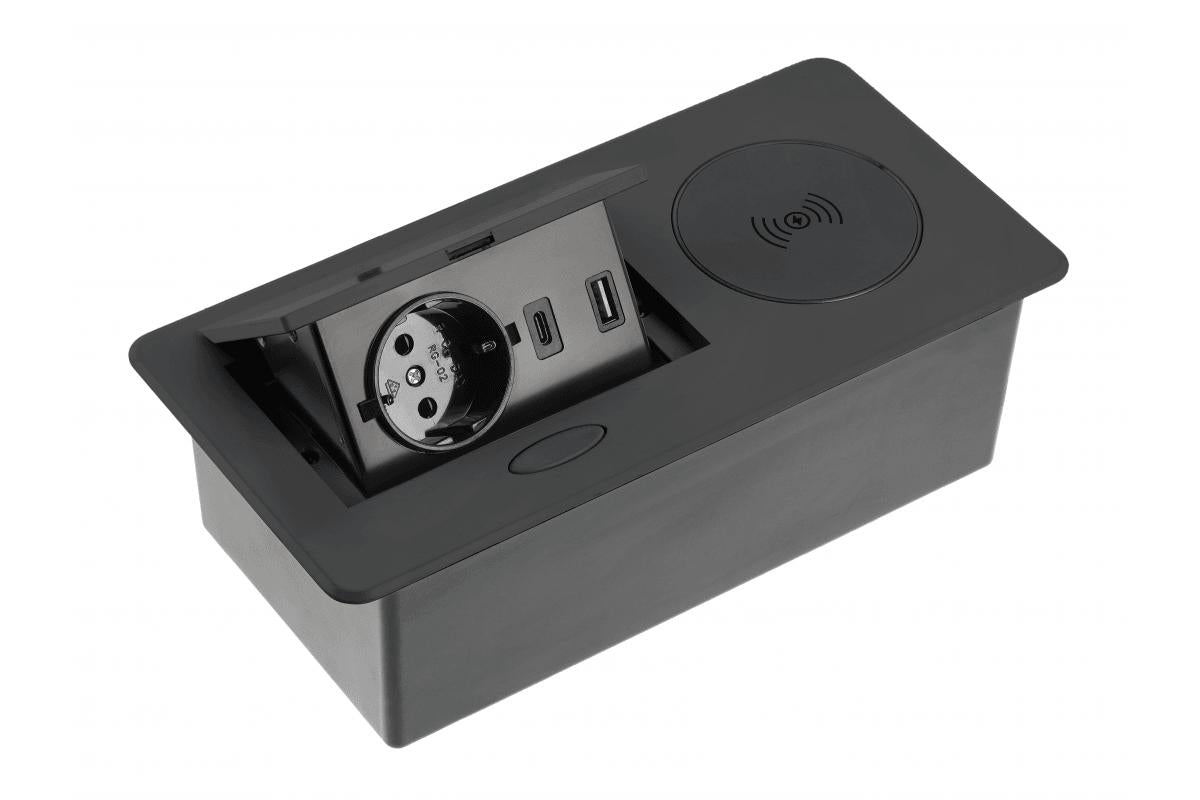 Telebloks AVARO PLUS, 1x SCHUKO, USB A + C, 5W Bezvadu lādētājs – Melna
