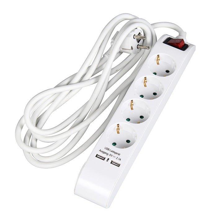 Pagarinātājs 4 rozetes un 2 USB 3 m